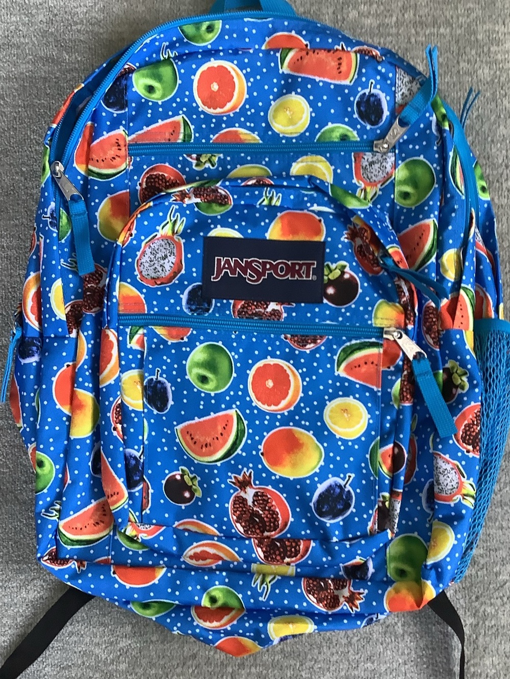 Jansport NWT Big Student Blue Backpack with Colorful Fruit Print